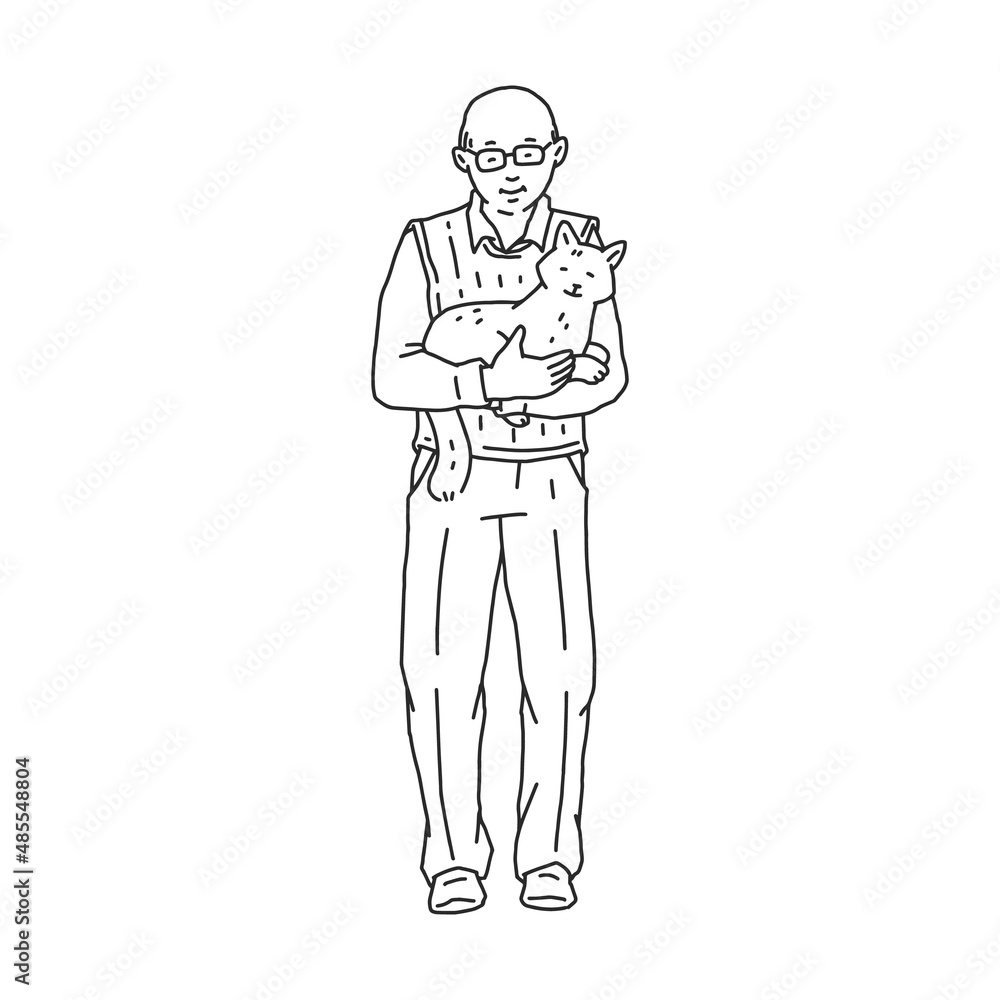 Elderly man stand and cuddle cat pet. Doodle black white contour line illustration.