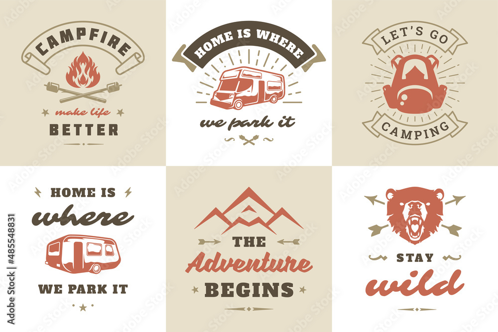 Camping and outdoor adventure quotes and sayings typography set vector illustration