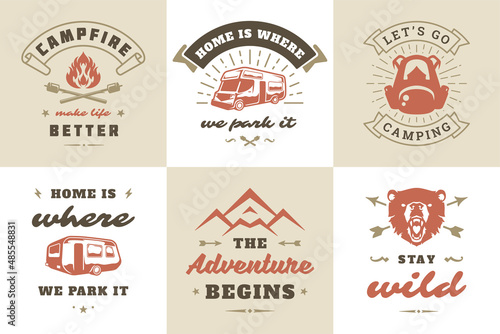 Camping and outdoor adventure quotes and sayings typography set vector illustration