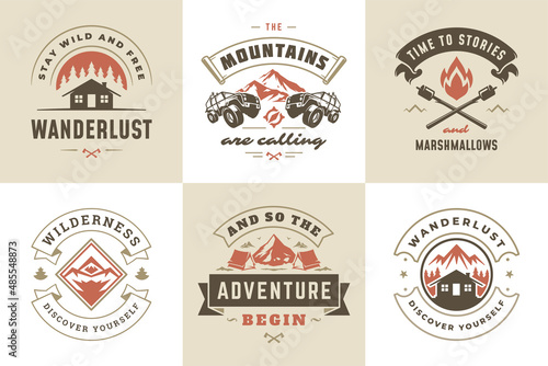 Camping and outdoor adventure quotes and sayings typography set vector illustration