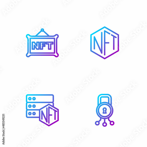 Set line Cyber security, NFT blockchain technology, Digital crypto art and . Gradient color icons. Vector