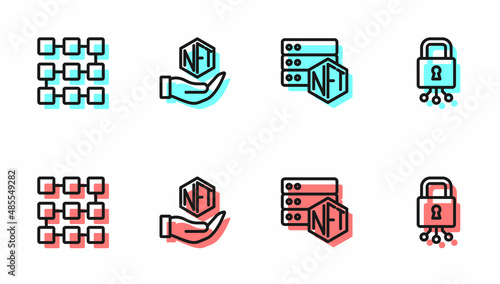 Set line NFT blockchain technology, Digital crypto art and Cyber security icon. Vector