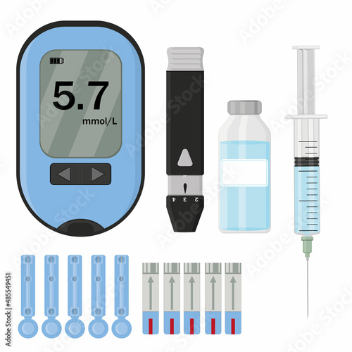 Icons Set with blood glucose meter insulin pen syringe isolated vector illustration