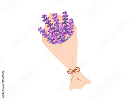 Lavender flowers bouquet in craft paper packaging isolated. Vector illustration of blooming Lavender in eco wrapping on white background