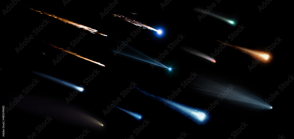 Collection of meteorites, asteroids, comets, meteors, comet tail isolated on a black background.  Elements of this image furnished by NASA. - obrazy, fototapety, plakaty 