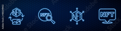 Set line NFT blockchain technology, Digital crypto art, Search and . Glowing neon icon on brick wall. Vector