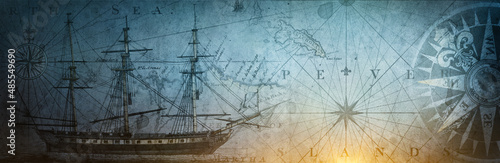 Old sailboat, compass and ancient  map historical background. A concept on the topic of sea voyages, discoveries, pirates, sailors, geography and history. Efect of overlay on old texture of paper.