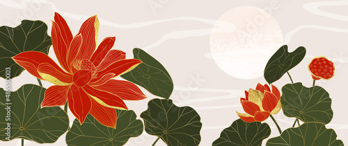 Golden Lotus line art vector in bright background. Luxury watercolor wallpaper with red lotus flower, leaves and circle sun. Design for banner, invitation, packaging, wall art.