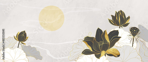 Golden Lotus line art vector in bright background. Luxury watercolor wallpaper with red lotus flower, leaves and circle sun. Design for banner, invitation, packaging, wall art.