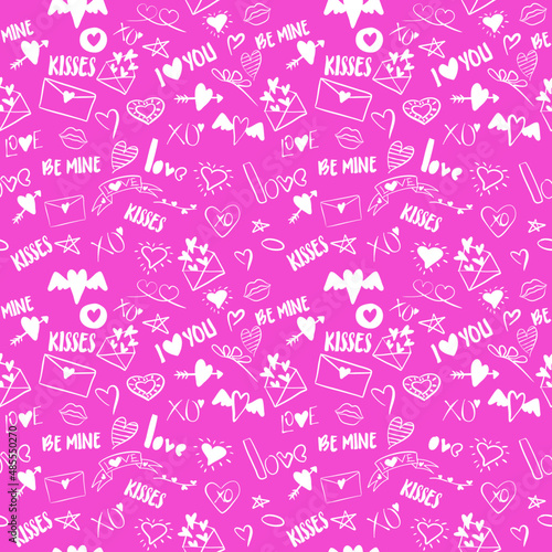 Vector seamless love symbol pattern, with stylish hearts and word 