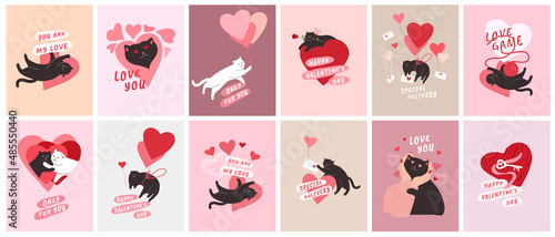 Cute cats in love. Romantic Valentines Day greeting card or poster. Cat give heart, kitten in hands, with love envelope, hero cat with rose. Flyers, invitation, brochure. Vector design concept