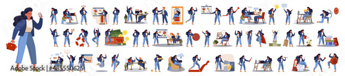 Set of business woman or office worker character with various poses,