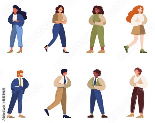 Business people with their arm crossed. Female and male characters