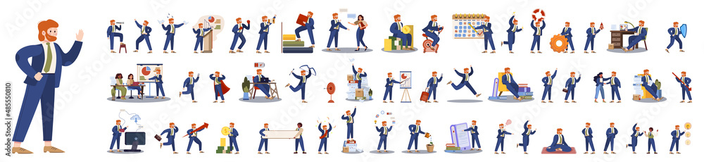 Businessman character set. Poses and meeting, data and hero. Character