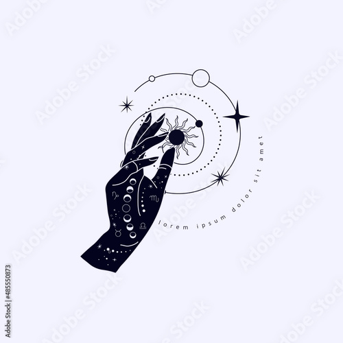 Spiritual esoteric magic logo or talisman with woman hands in silhouette style with stars, sacred geometry moon and sun. Alchemy mystic tattoo object logo template. Vector