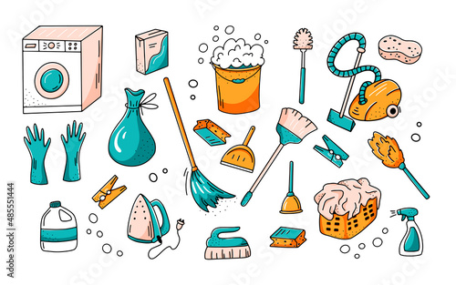 Set of colored doodle elements. Cleaning service collection of icons in hand drawn style. Vector illustration
