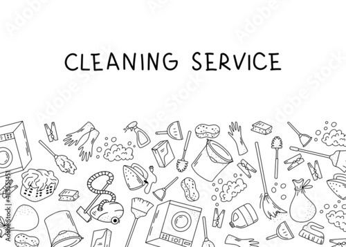 Cleaning service background with hand drawn black and white elements and lettering. Vector illustration in doodle style. Banner template