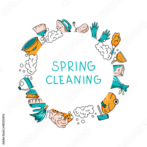 Spring cleaning concept. Banner template of isolated hand drawn home and office cleaning items. Vector doodle illustration