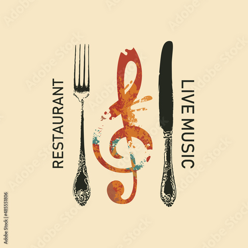 Vector menu or banner for restaurant with live music decorated with fork, knife and a treble clef in the form of abstract bright spots on a light background in retro style