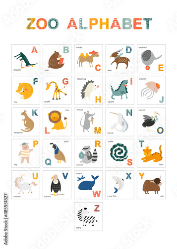 Cute English zoo alphabet with table for children with letters and titles. Poster for children. Funny pets for kids. Educational set for school and learning