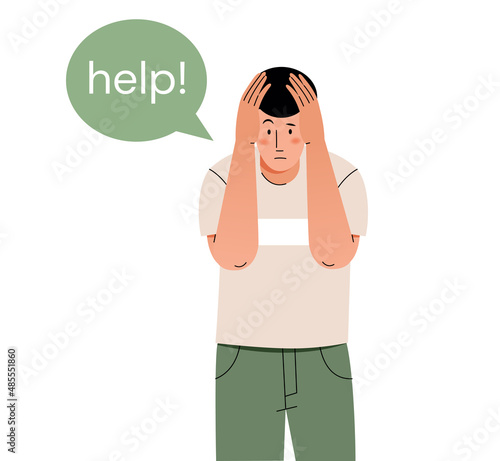 Young man asks for help. Confused guy. Isolated flat character on a white background.