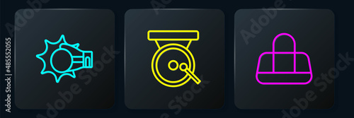 Set line Punch in boxing glove, Sport bag and Boxing gong. Black square button. Vector