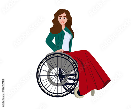 Young beautiful disabled girl in a wheelchair. Disability. Personal care. The disabled person is the top model of the fashion house. Isolated on white background. Flat style. Vector illustration.