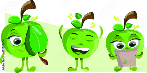 Set of ripe green apples in cartoon style