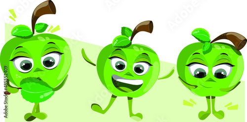 Set of ripe green apples in cartoon style