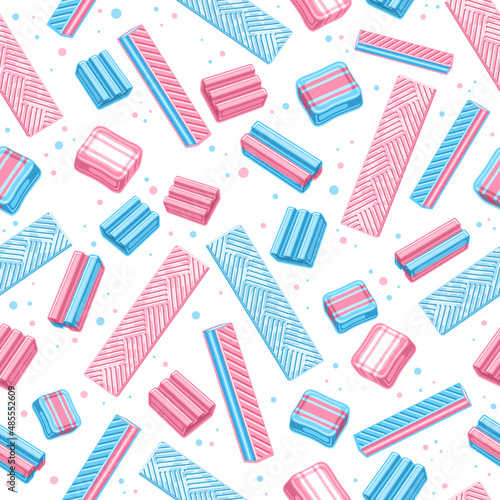 Vector Bubble Gum Seamless Pattern, square repeating bubblegum background for wrapping paper, poster with cut out illustrations of many flat lay bubble gums and different candies on white background