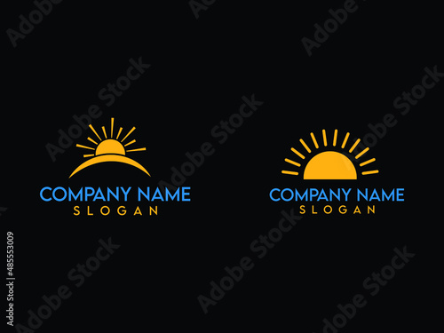 Summertime sunlight creative symbols set, font concept. Spiral sun rays, solarium abstract business logo. Summer sunrise, gold star icon.