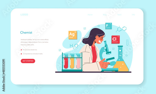 Chemist web banner or landing page. Chemistry scientist doing an experiment