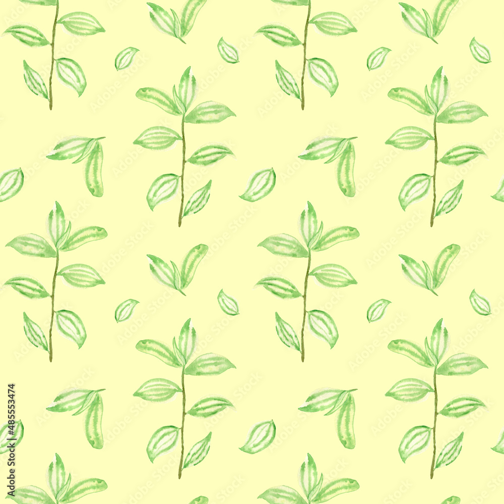 Green branches. Watercolor seamless pattern with tree branches. Spring design for notebooks, stationery and textiles.