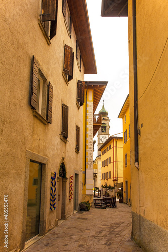 A quiet street at Christmas time in the village of Pieve Di Ledro near Riva del Garda in the Trentino-Alto Adige region of Italy 