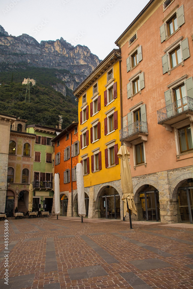 The historic Piazza Tre Novembre square in central Riva del Garda in the Trentino-Alto Adige region of Italy in winter
