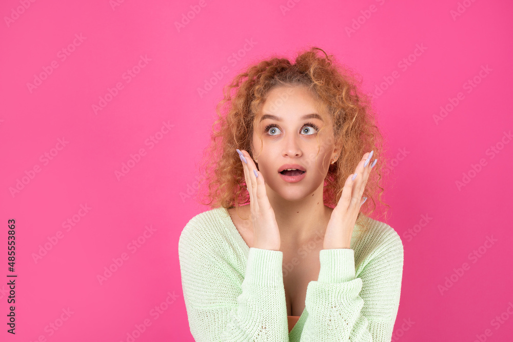 Close-up portrait of attractive wondered girl news reaction isolated over color background Close-up portrait of attractive wondered girl news reaction isolated over color background