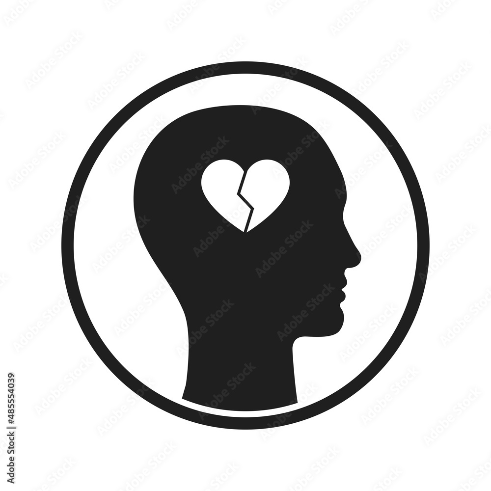 Circle icon of human silhouette with broken heart in head. Failed romantic love or mental disorder symbol.