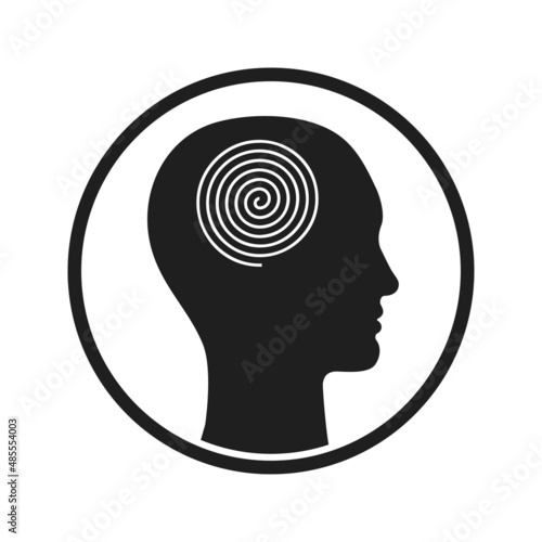 Ordered thoughts, calm mind and mental health sign. Circle icon of human silhouette profile with spiral line in head.
