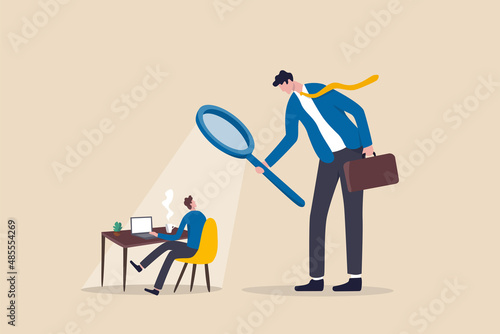 Fotótapéta Micromanaging boss, toxic manager monitoring every details, excessive supervision and control of employee work and processes, micromanager boss using magnifying glass keep looking at employee working