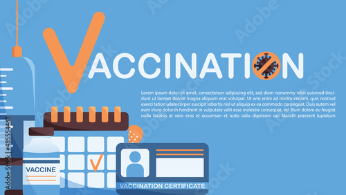 Vaccination from covid-19 and omicron. Elements of medical kit. Horizontal banner about vaccination.