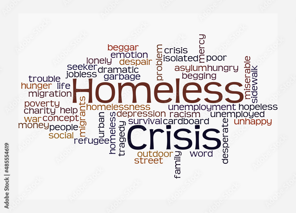 Fototapeta premium Word Cloud with HOMELESS CRISIS concept, isolated on a white background