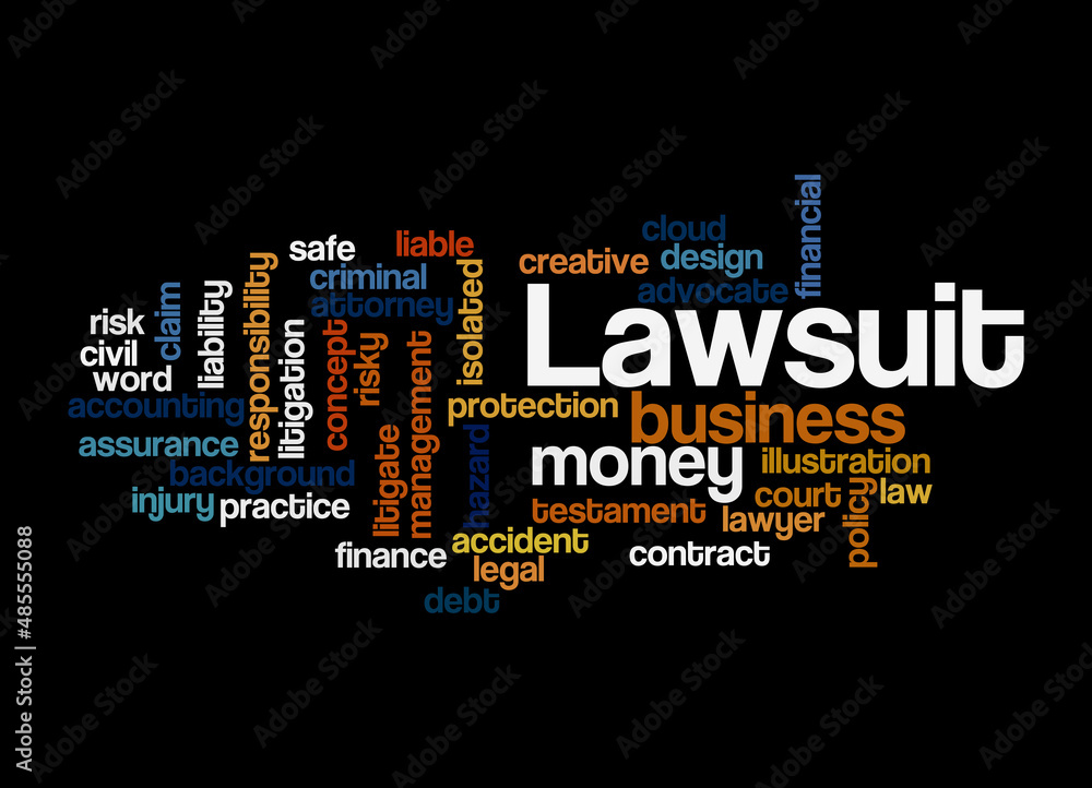 Word Cloud with LAWSUIT concept, isolated on a black background Word Cloud with LAWSUIT concept, isolated on a black background