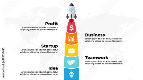 Startup vector infographic. Rocket launch. Presentation slide template. Spaceship fly. Business success diagram chart. Timeline roadmap 5 options, steps. Creative project concept. World map.