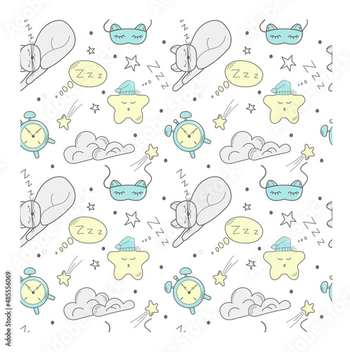 Pattern with sleep-related elements on a white background. Cloud. The cat is sleeping. Mask for sleep. Flat style. The star is sleeping. Seamless, textile. Vector illustration