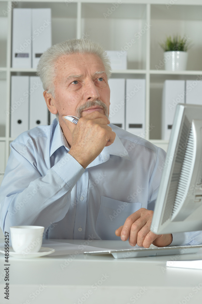 senior businessman working on laptop in office senior businessman working on laptop in office