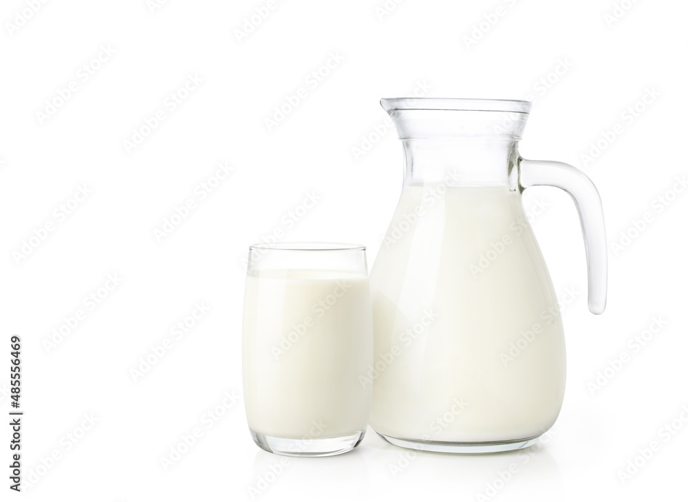 Glass and jug of fresh milk isolated on white background. Glass and jug of fresh milk isolated on white background.