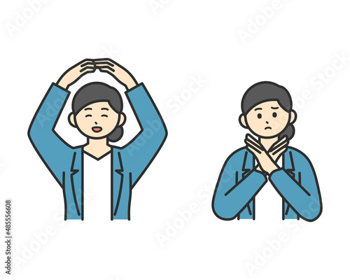 女性社員が腕でまるとばつを作っているイラスト素材