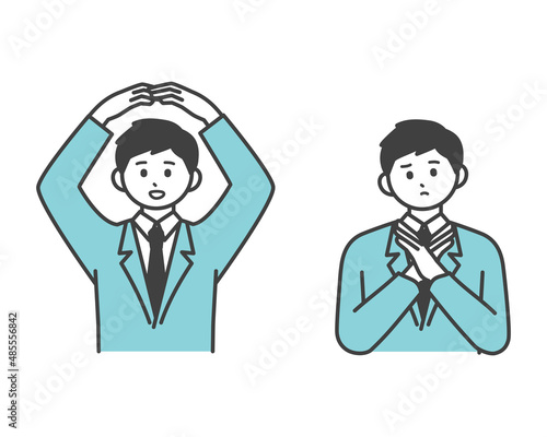 男性社員が腕でまるとばつを作っているイラスト素材
