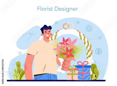 Florist concept. Floral designer making or arranging bouquet for
