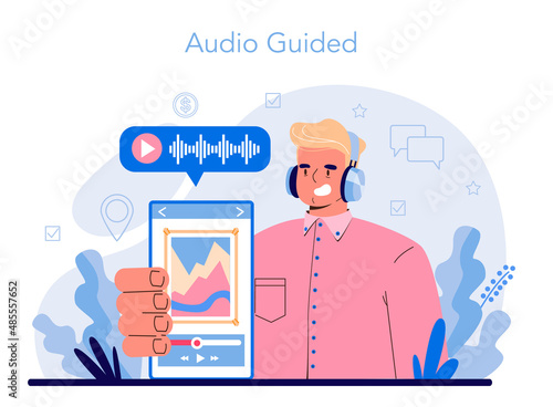 Audio guide concept. Tourists listening to the history of the city